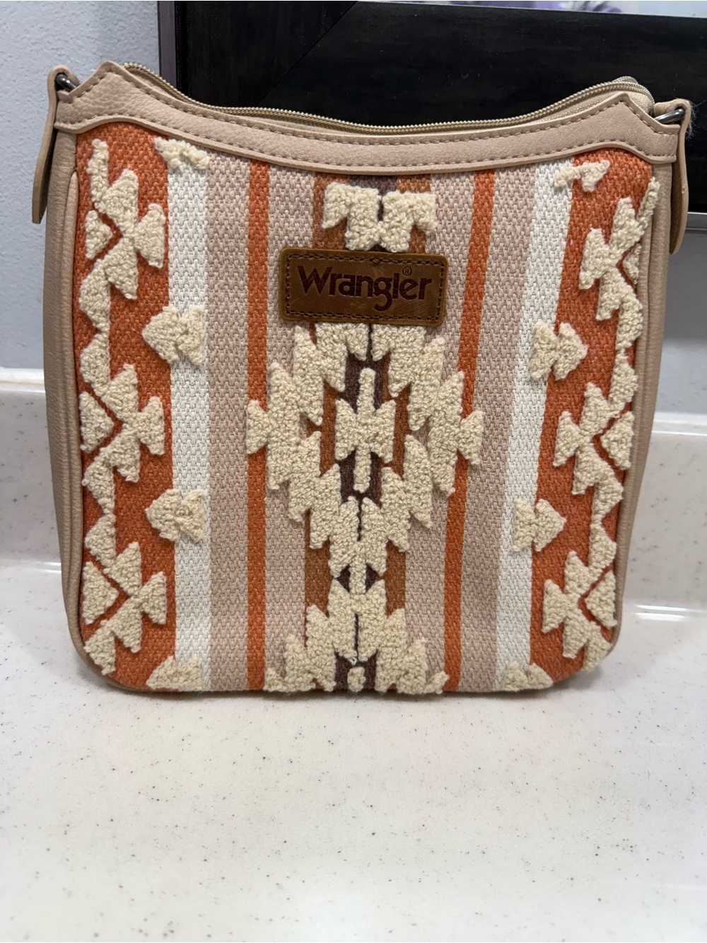 Wrangler Aztec-Pattern Crossbody Bag in Orange and Cream